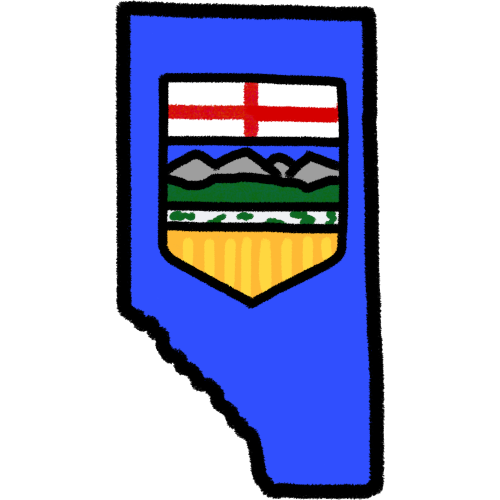 A land mass matching the shape of the province alberta with a black outline and the interior matching the alberta flag: a blue background, and in the middle is a banner like shape. from top to bottom inside the banner: white rectangle with a red cross, grey mountains, green hills, grey rectangle with small patches of green, yellow triangle with what looks like wheat but simplified into just lines